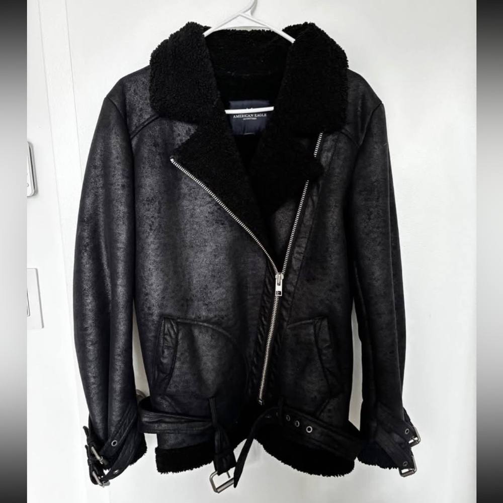 American Eagle Black Shearling Moto Jacket